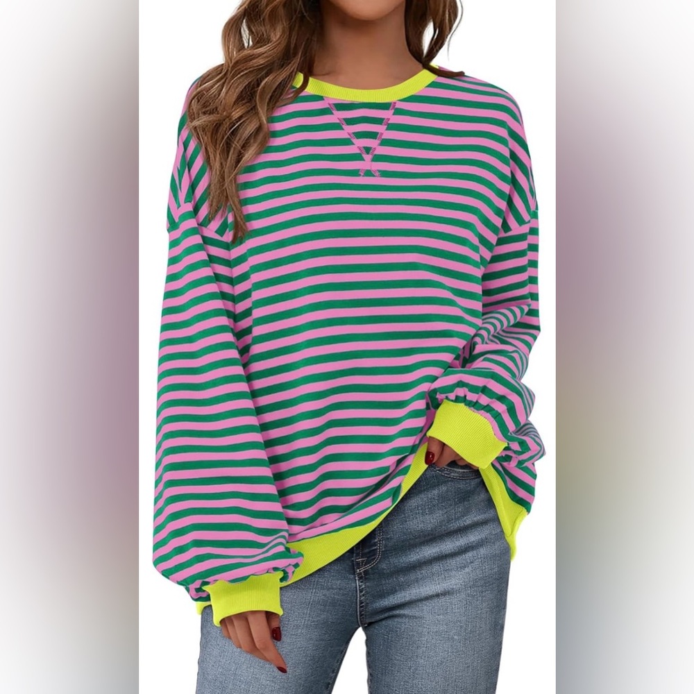 Amazon Pink & Green Striped Long Sleeve Tee with Neon Trim